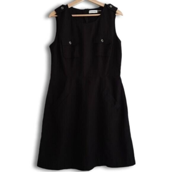 CALVIN KLEIN / Linen Blend w/ Pockets Knee Length Dress Black Sz 12 - Picture 1 of 12